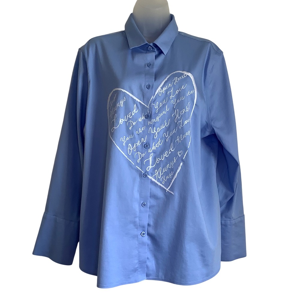Chicos Blue Embroidered Heart Button Down Shirt Top Periwinkle Size 3 US 16